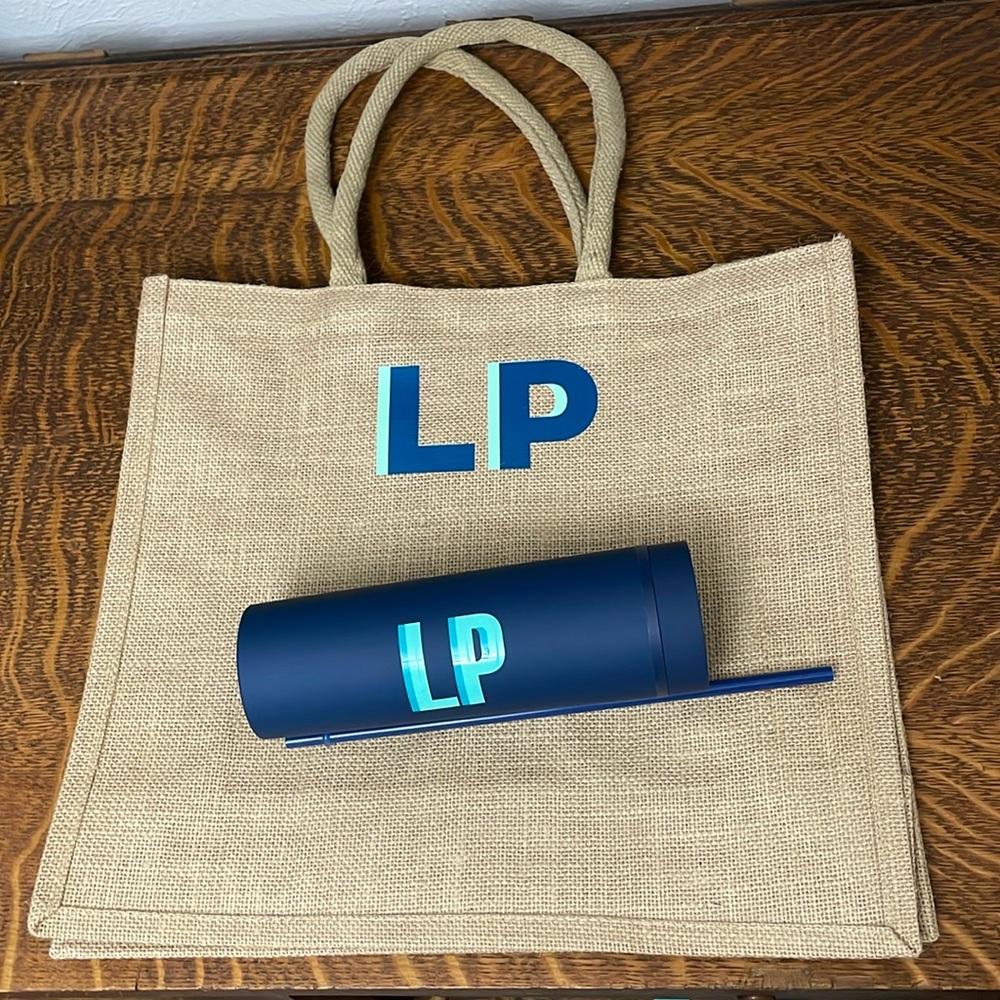 LP initials Monogram Jutte Carryall and Matte 16 oz. Tumbler Sprinkled With Pink